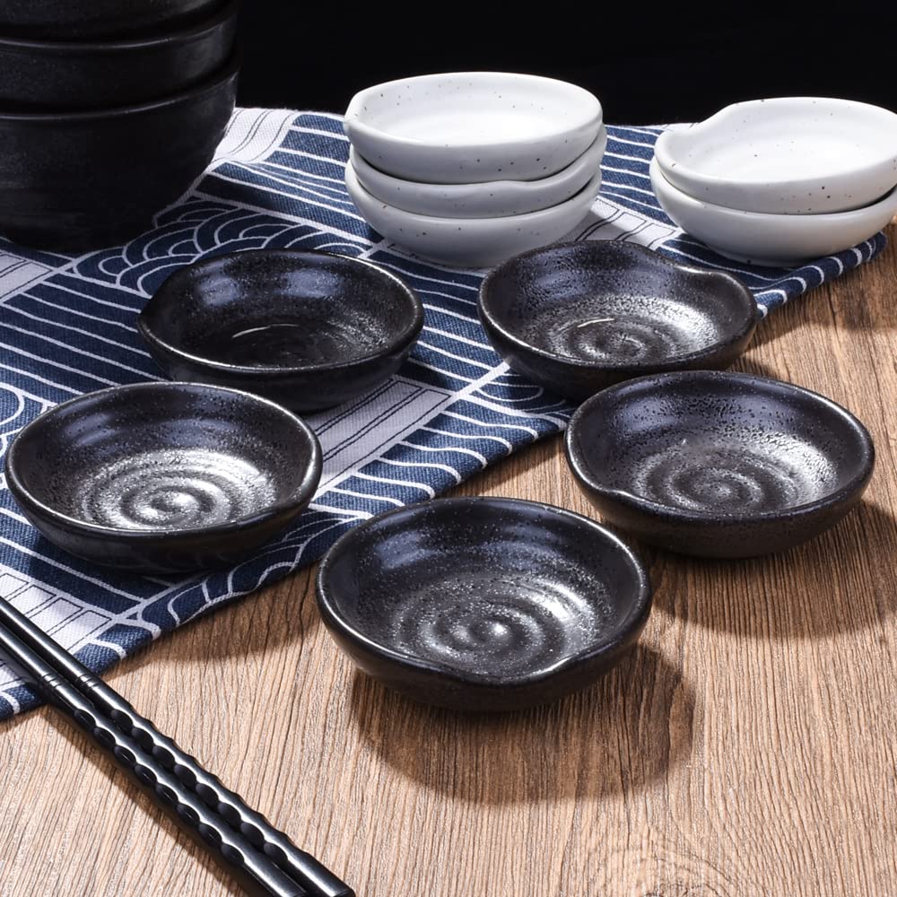 Swlthwen 3.1 Inch Porcelain Side Dish Bowl Seasoning Dishes Soy Sauce Dishes Dipping Sauce Bowls-Set of 5,Soy Sauce Dish with Mouth (Black)