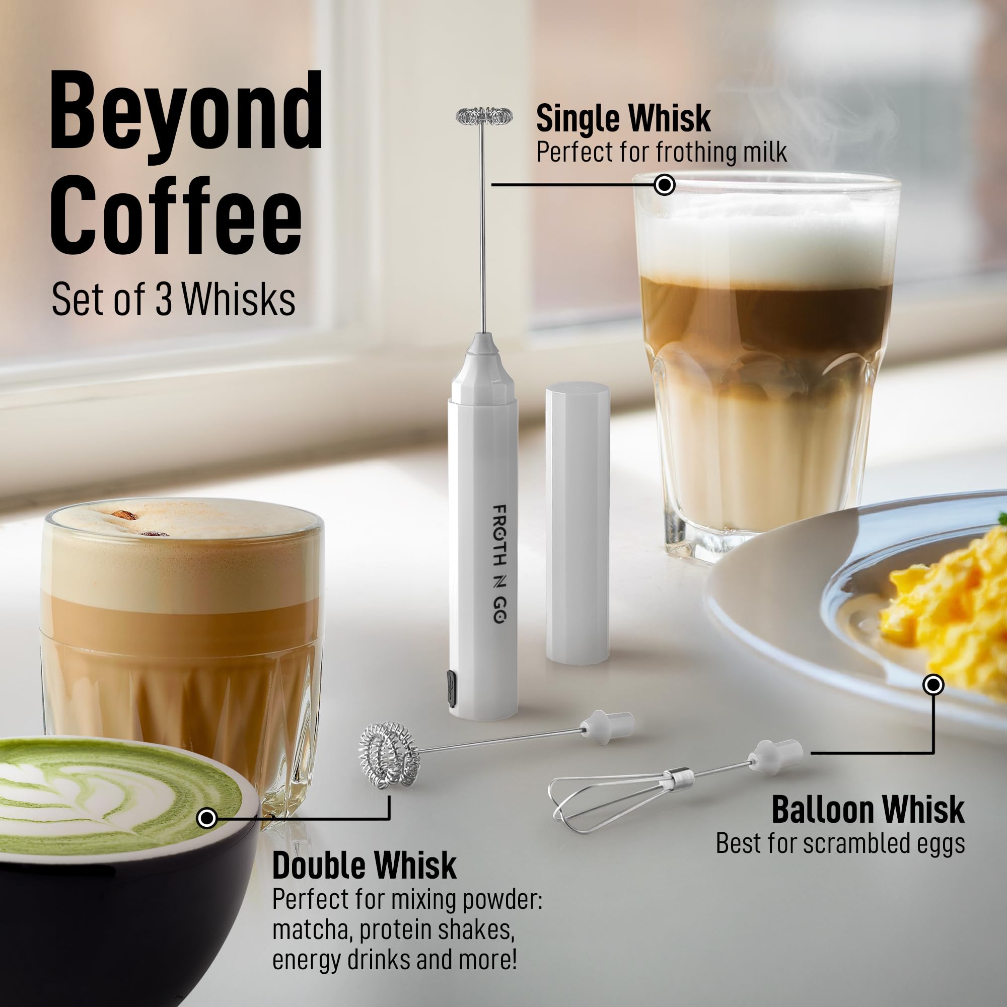 Zulay Froth N Go Milk Frother – Rechargeable 3-in-1 Handheld Frother Wand with Travel Case & USB-C Charger – Single, Double & Egg Whisk for Latte, Cappuccino, Matcha, Protein Shakes - Diamond White