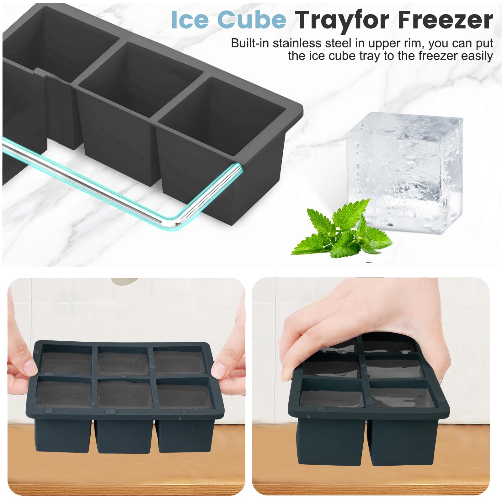 Large Silicone Ice Cube Tray 3Pack, SAWNZC Big Square Ice Cube Molds for Whisky Cocktail, Ice Maker Tray with Lid for Freezer, Easy Release (3, Black)