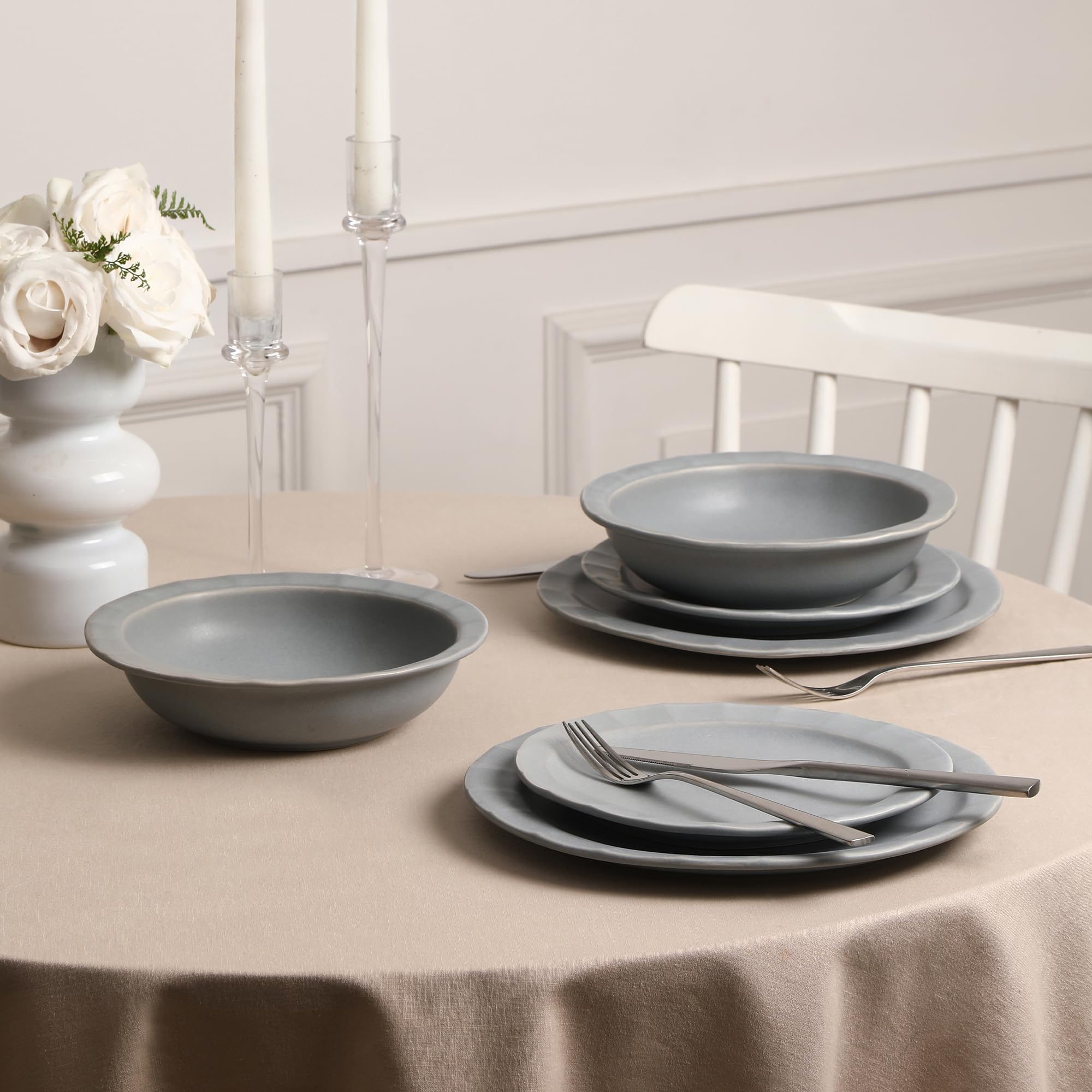Stone Lain Oasis Stoneware Bowl Dish Set, 4-Piece Pasta Bowls - Ceramic Serving Dishes for Ramen, Fruit, Cereal, Dinner - Microwave & Dishwasher Safe, Grey Blue