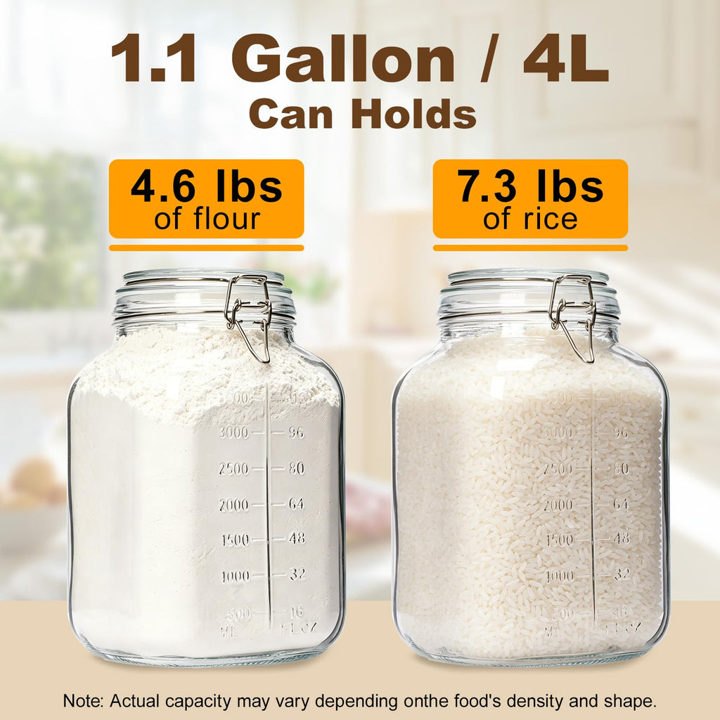 PUSCRIENO 2 Pack 1.1 Gallon Square Super Wide Mouth, Airtight Glass Storage Jars, with Measurement Marks, Leak-Proof Lids for Kitchen Pantry, Canning, Dry Food (Flour, Sugar) & Drinks