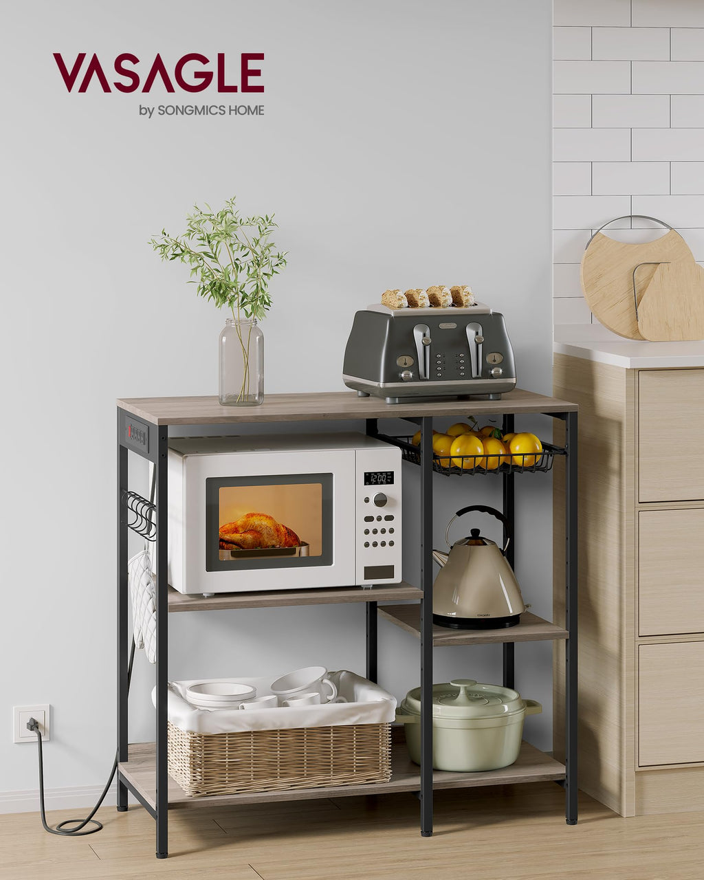 VASAGLE Baker's Rack, Coffee Bar Stand with Charging Station, 35.6 Inches Tall, Storage Shelves, Pull-Out Wire Basket, Table for Microwave, Kitchen, Heather Greige and Ink Black UKKS036K02
