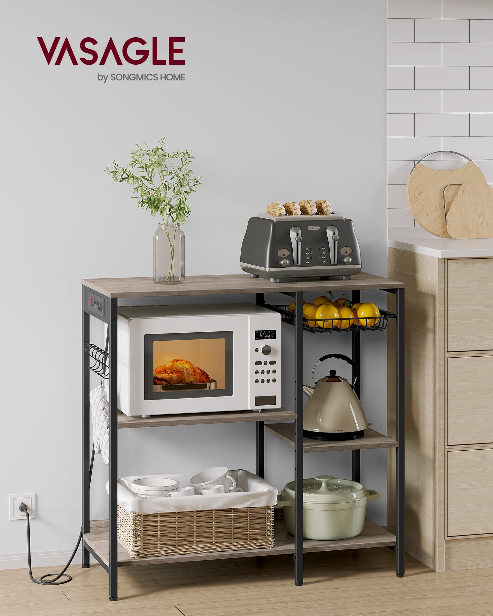 VASAGLE Baker's Rack, Coffee Bar Stand with Charging Station, 35.6 Inches Tall, Storage Shelves, Pull-Out Wire Basket, Table for Microwave, Kitchen, Heather Greige and Ink Black UKKS036K02