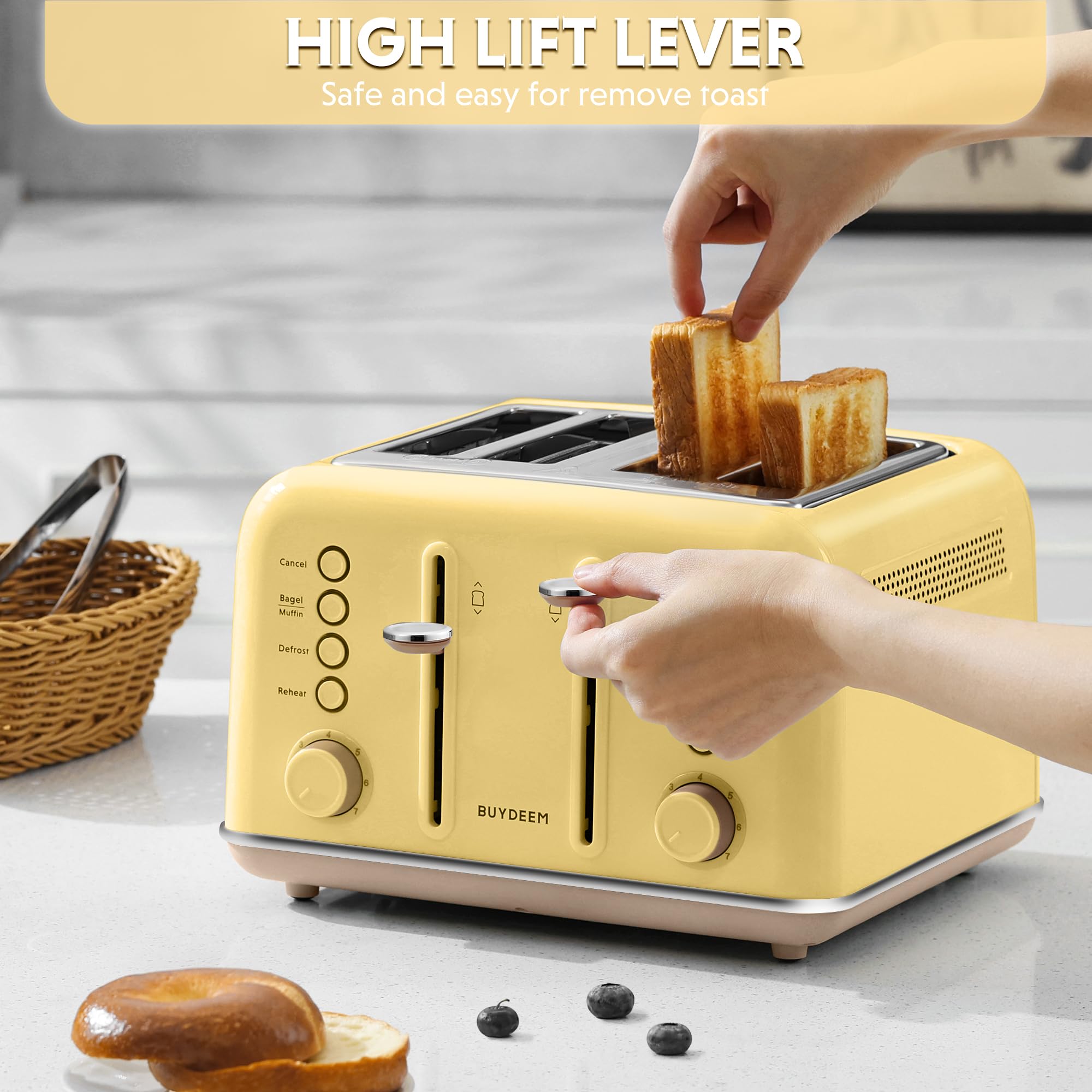 BUYDEEM DT640 4-Slice Toaster, 7 Shade Settings, Extra Wide 1.5’’ Slots for Bagel & English Muffin, 6 Toasting Functions, Retro Stainless Steel Toaster with High Lift Lever, 1800W, Yellow