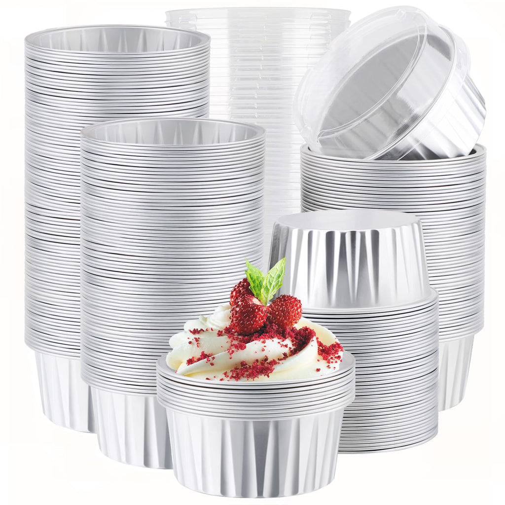 EUSOAR Aluminum Foil Baking Cups, 400pcs 5oz Disposable Mini Ramekins Cupcake Liners with Lids for Baking, Dessert Containers Aluminum Cheesecake Pan Creme Brulee Cup for Oven-Silver
