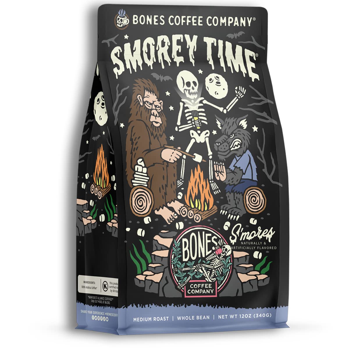 Bones Coffee Company Shark Bite, Buttered Rum Flavored Coffee, Medium Roast Low Acid Arabica Beans Compatible with Auto drip and French Press Coffee Maker, 12 Oz Whole Bean