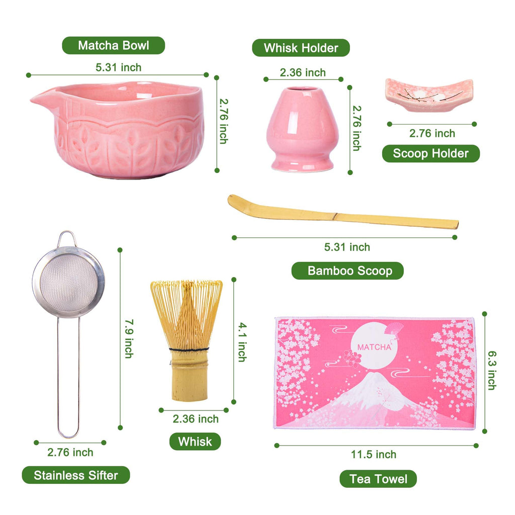 Matcha Whisk Bowl Set, 7PCS Japanese Matcha Kit with Spout Bowl (Pink) Bamboo Whisk Stand Scoop Sifter Accessories for Tea Ceremony Latte, Gifts for Family,Friends