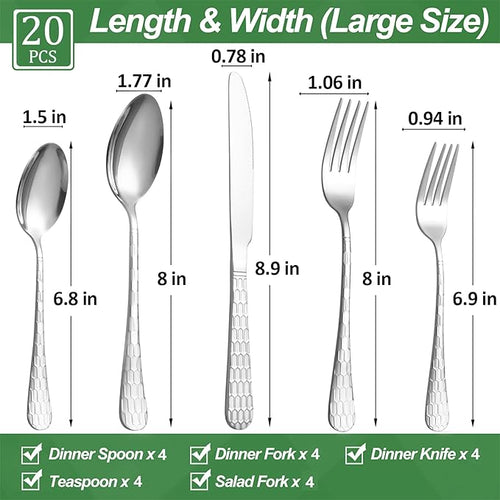 20 Pcs Silverware Set for 4, Food Grade Stainless Steel Flatware Set, Eating Utensils Sets Include Fork/Knife/Spoon, Reusable Cutlery Set for Home Kitchen, Dishwasher Safe, Round Hammered
