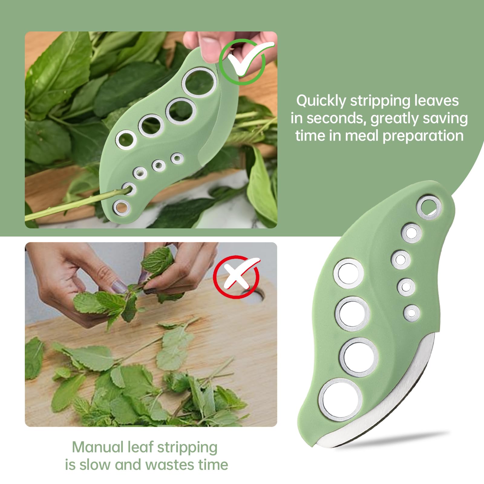 YAKAUEI 2 Pack Herb Stripper, Stainless Steel Herbs Leaf Stripping Tool, Herb Leaf Peeler 9 Holes Design for Collard Greens Thyme Basil Rosemary Stripper, Dishwasher Safe (Green)
