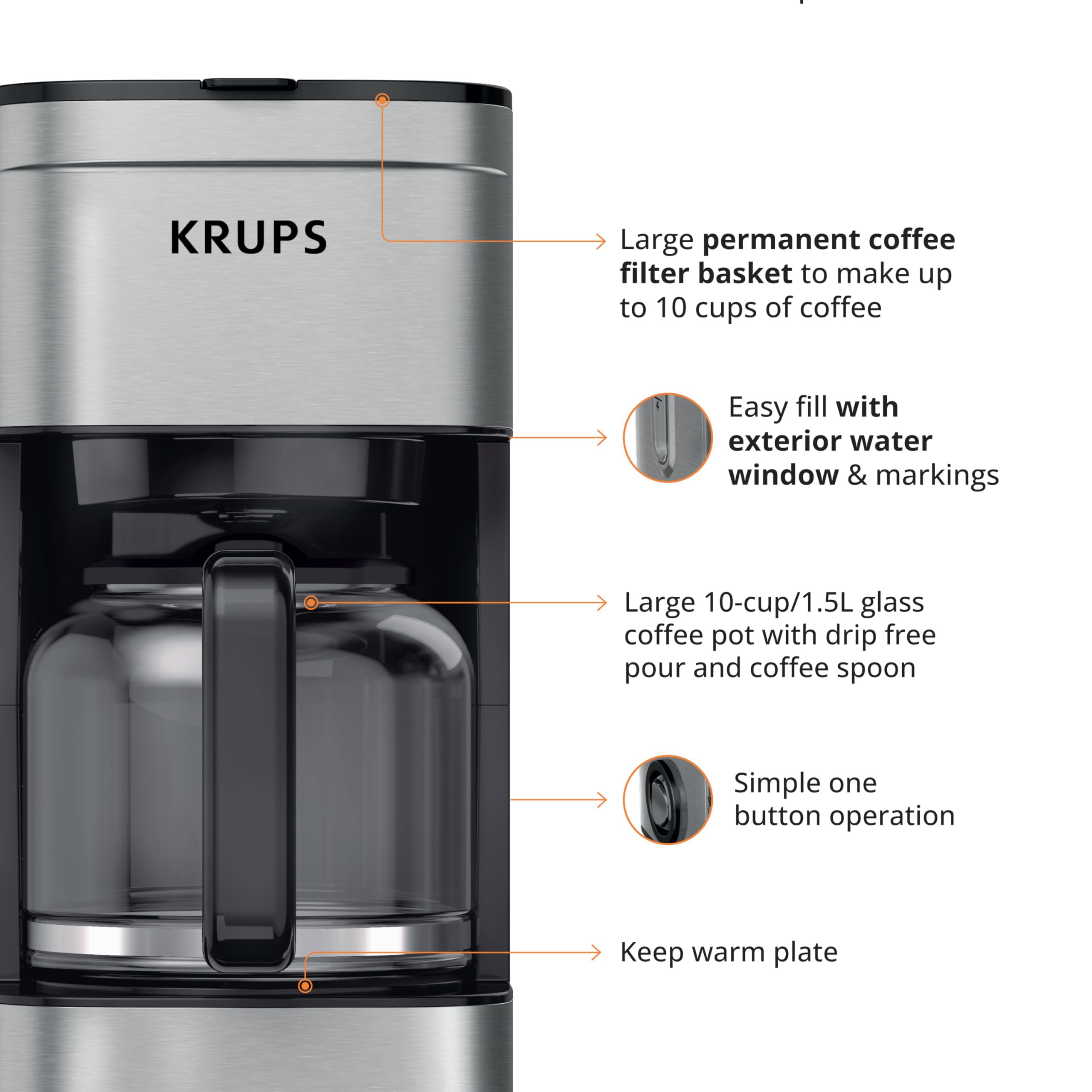 KRUPS Coffee Maker 10 Cups Simply Brew Stainless Steel Drip Coffee Maker, 900 Watts Coffee Filter, Drip Free, Dishwasher Safe Pot, Black & Silver