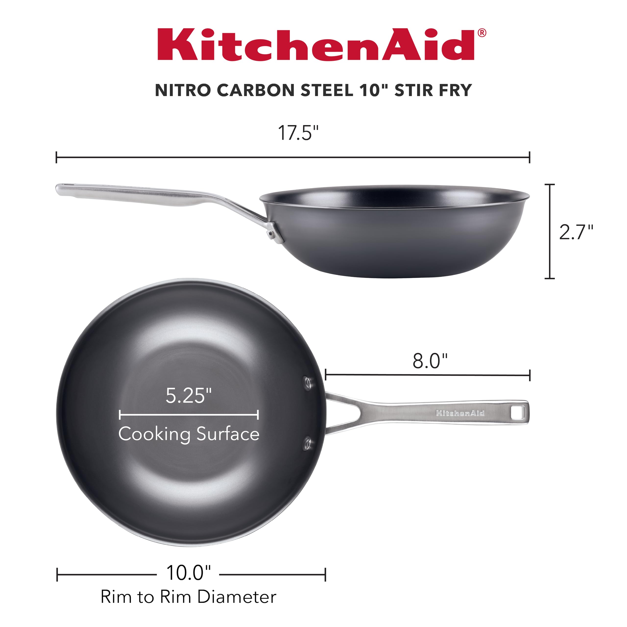 KitchenAid NITRO Carbon Steel Wok, 10-Inch Nitrided Carbon Steel Pan, Stir Fry Pan, Gray