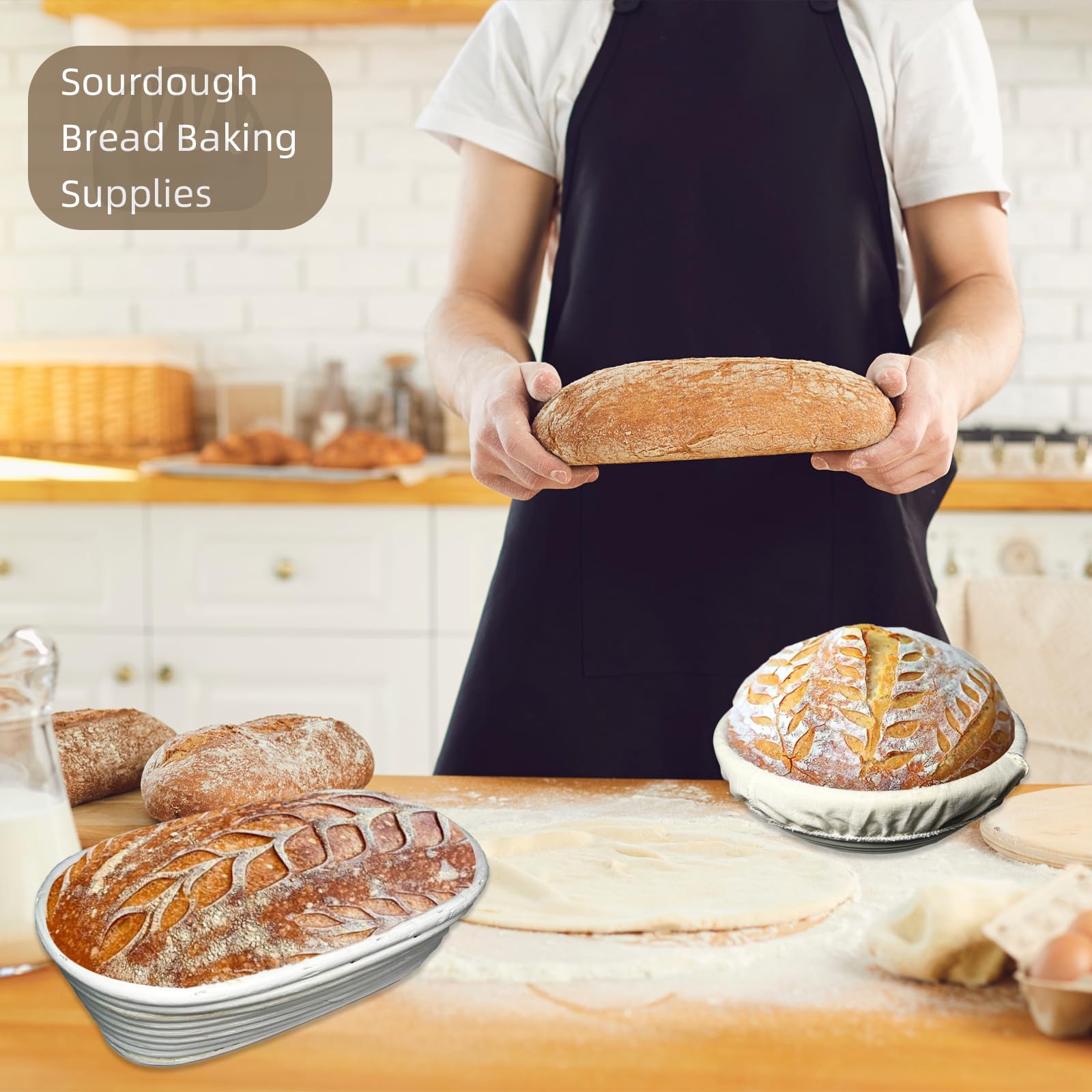 Sourdough Starter Kit with Dutch Oven, 24cm White Baking Pot, 4 Proofing Baskets, Starter Jar, Digital Scale, Bread Lame, Bread Bags & Silicone Mat for Beginners (White)
