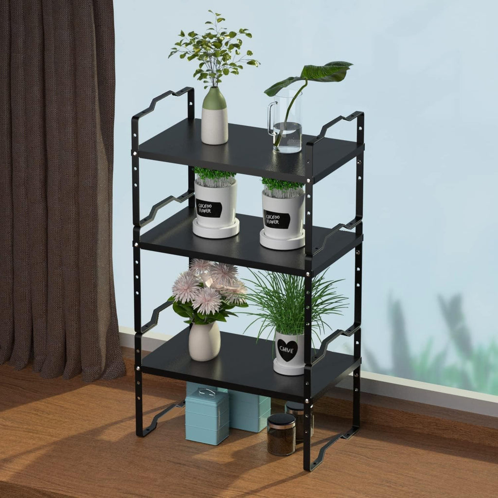 Jojocross Expandable Shelf for Cabinet Organizer Adjustable and Stackable Spice Rack at Kitchen and Bathroom More, Counter Countertop Cupboard Organization Pantry Storage(LARGE/3PACKS/BLACK)