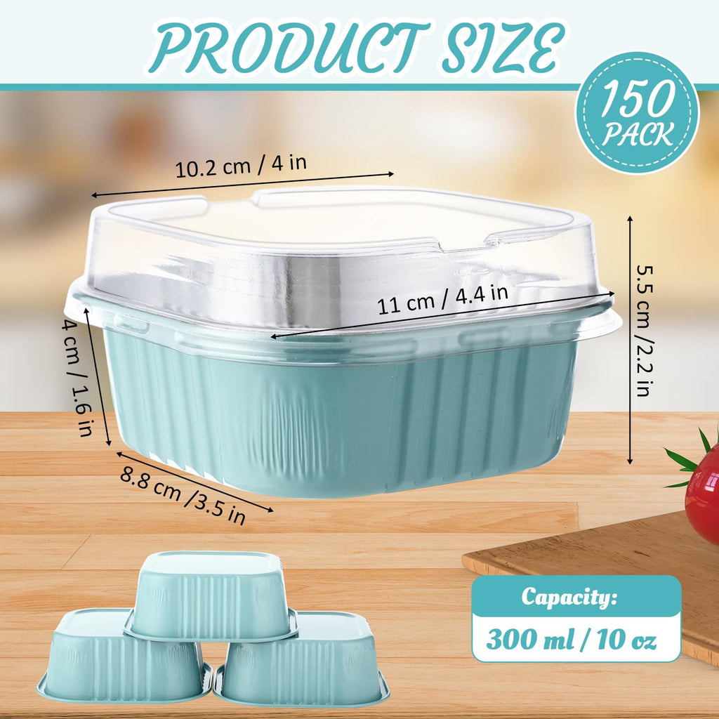 Aoriher 150 Pcs 10 oz Mini Cake Pans with Lids Aluminum Foil Baking Cup Disposable Square 4 x 4 Large Baking Tin, Muffin Pan Cheesecake Kitchen Brownie Pudding Desserts Holder(Light Blue)