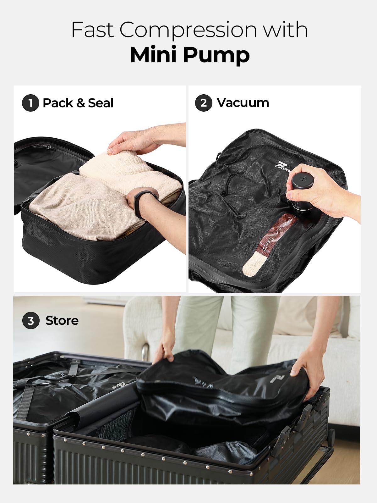 POIXM Vacuum Bags for Travel with Wireless Pump, 180° Open Zipper, IP67 Waterproof, Reusable Space Saver Compression Bags for Backpack, Suitcase, Home Storage(3 Pack + Pump)