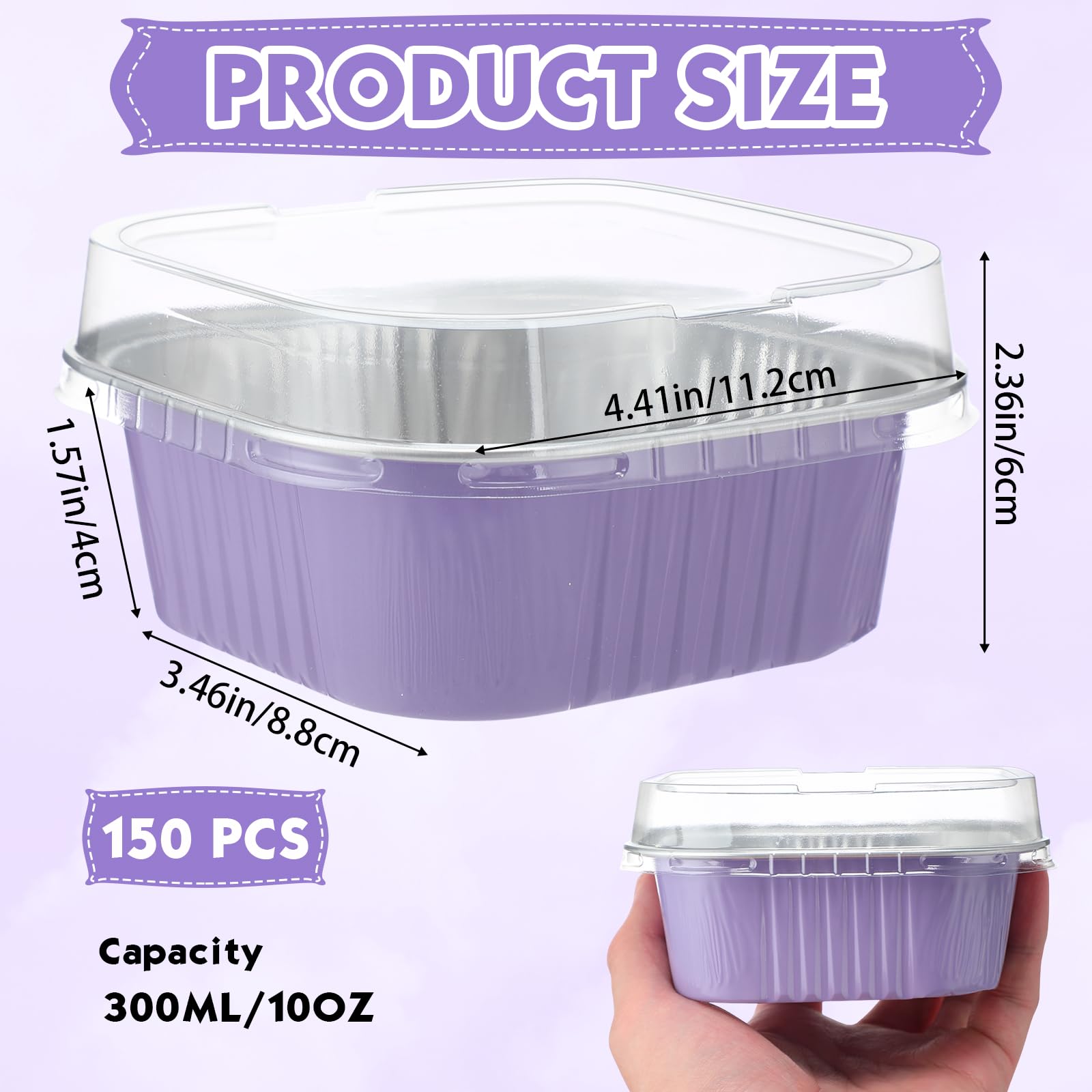 Aoriher 150 Pcs 10 oz Mini Cake Pans with Lids Aluminum Foil Baking Cup Disposable Square 4 x 4 Large Baking Tin, Muffin Pan Cheesecake Kitchen Brownie Pudding Desserts Holder(Taro Purple)