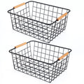 Black 2PCS Wire Storage Baskets with Wooden Handles for Pantry Organizer