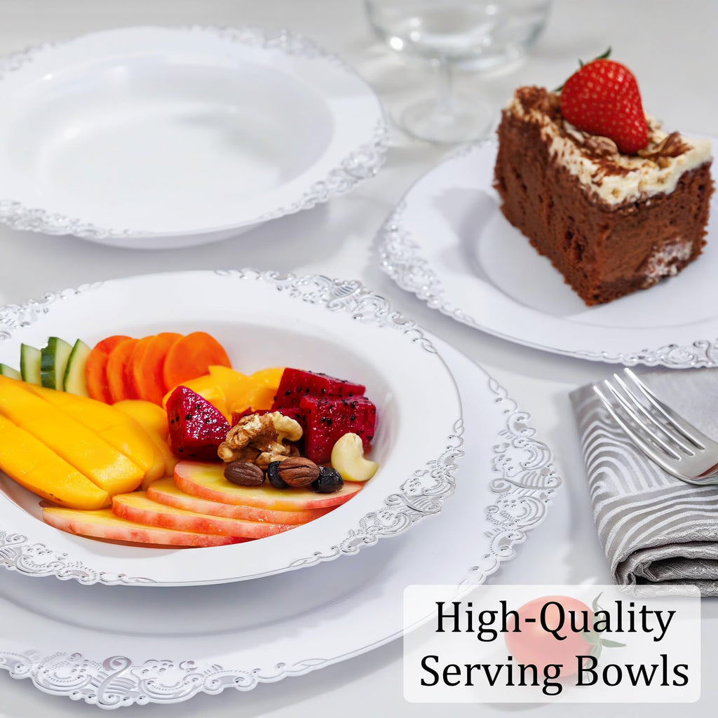 Nervure 50PCS White Plastic Bowls with Silver Rim 12oz Disposable Soup Bowl