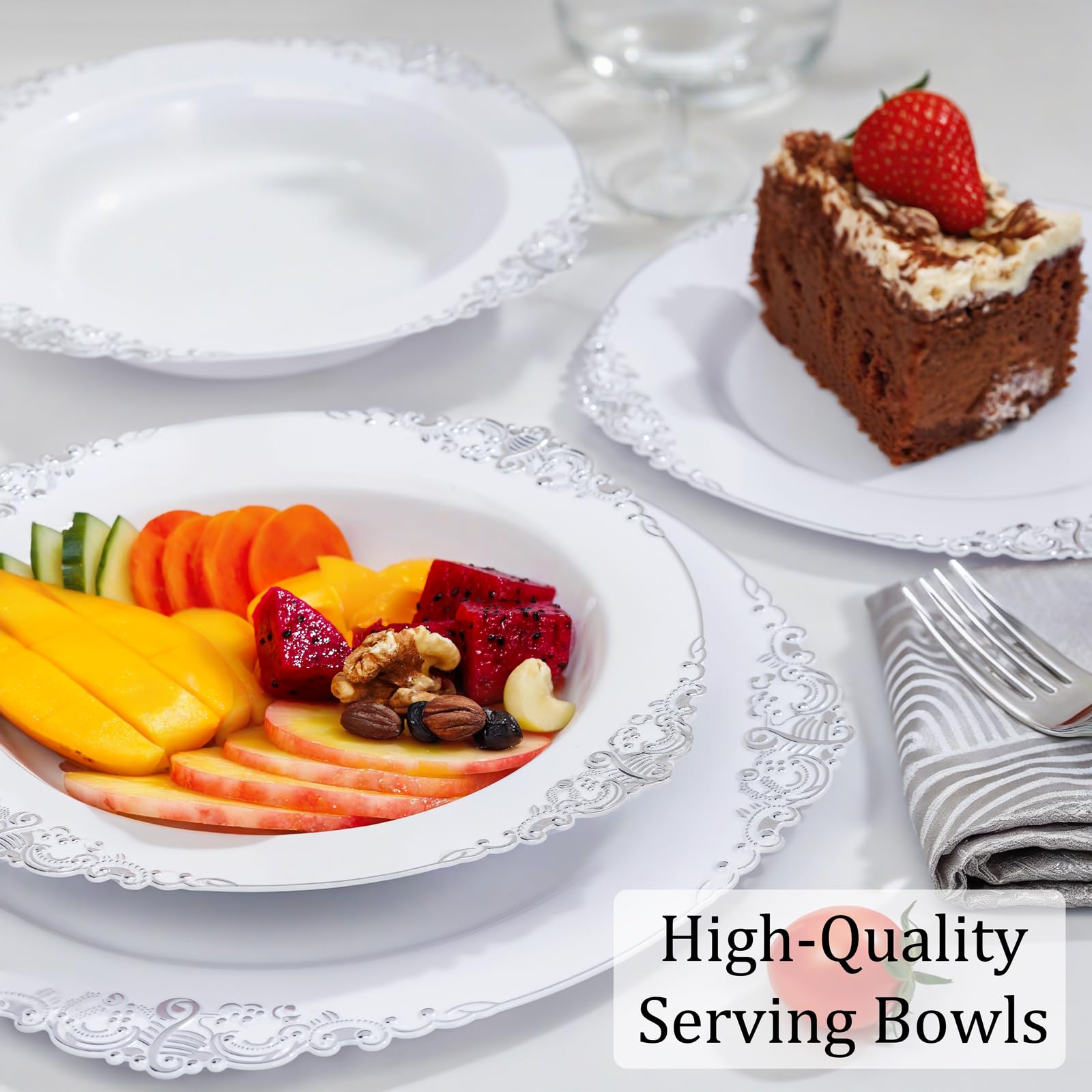 Nervure 50PCS White Plastic Bowls with Silver Rim 12oz Disposable Soup Bowl