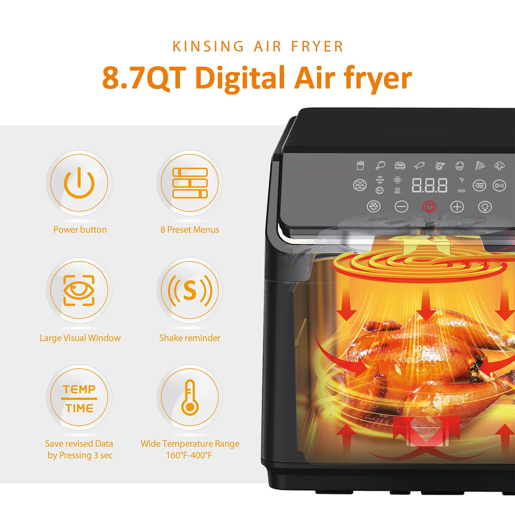 KINSING Air Fryer with Window Visible 8-in-1,8.7-Qt Large space,85% Less Oil,Roast, Bake, Dry, Reheat, Frozen, Broil,160-400℉ Even Results With Precise Temperature Control,Dishwasher-Safe
