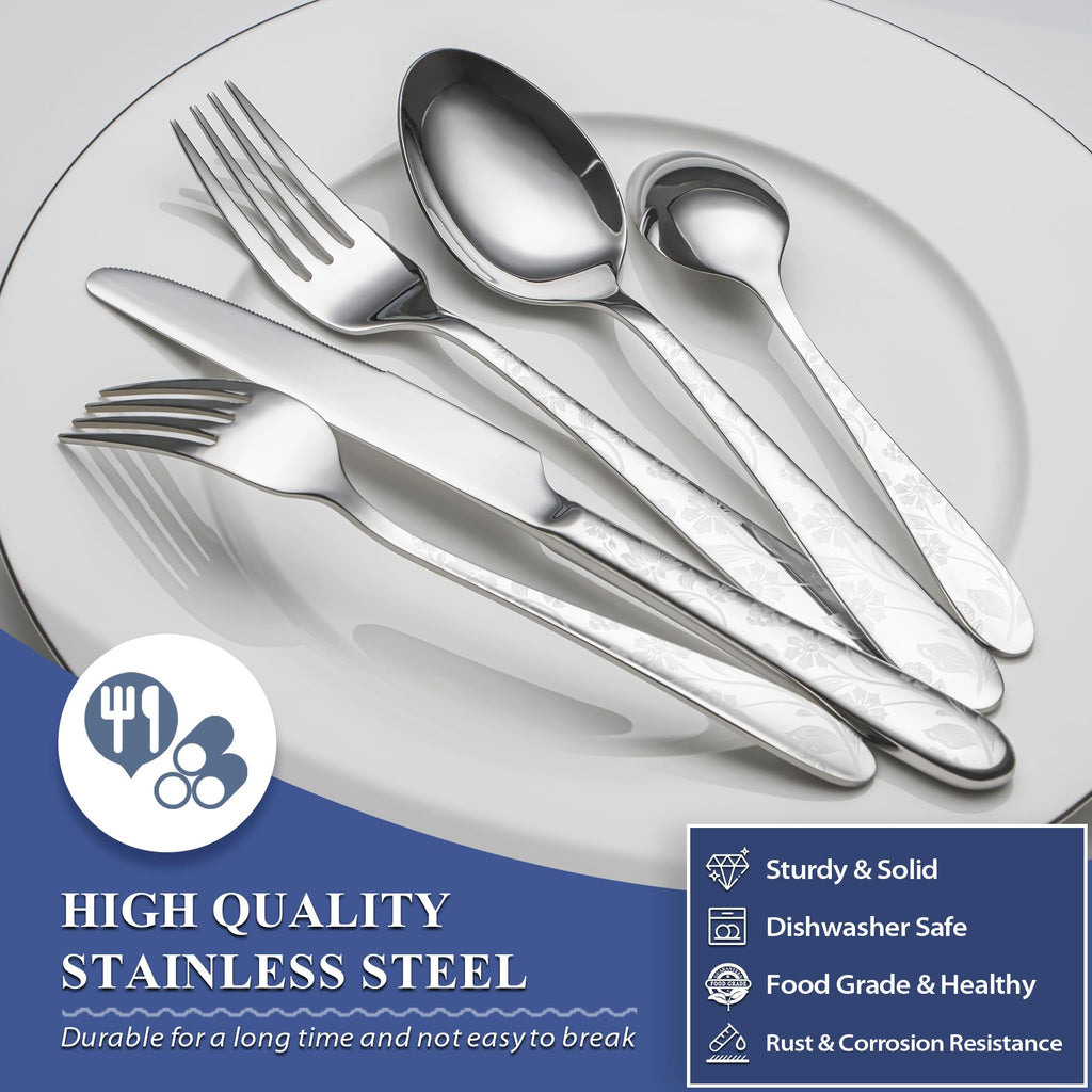 40 Piece Silverware Set Service for 8, EIUBUIE Premium Stainless Steel Cutlery Set, Mirror Polished Flatware Sets with Pattern Handle, Modern Kitchen Eating Utensils Sets Include Spoons Forks Knives