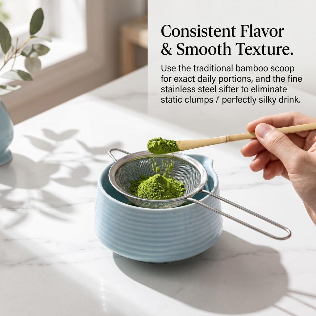 8-Piece Traditional Matcha Tea Set with Spouted Ceramic Bowl, Bamboo Whisk and Holder, Complete Japanese Matcha Kit for Home Latte Preparation, Includes Sifter and Scoop Rest, Premium Gift Box(Blue)