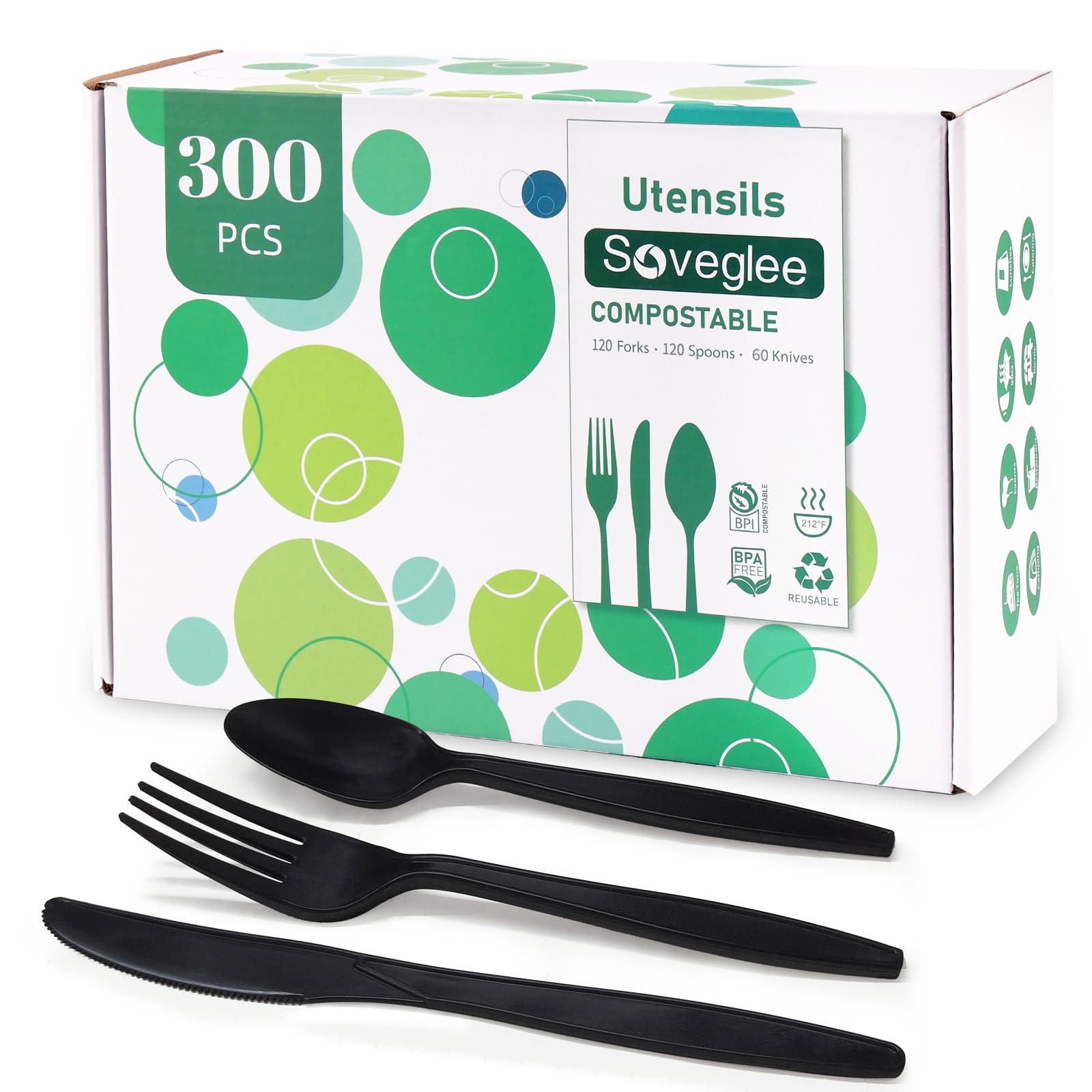 300-Piece Compostable Utensils Set (120 Forks, 120 Spoons, 60 Knives), Heavy Duty Black Disposable Cutlery, Premium Cornstarch Plant-Based Silverware for Wedding, Party & Catering