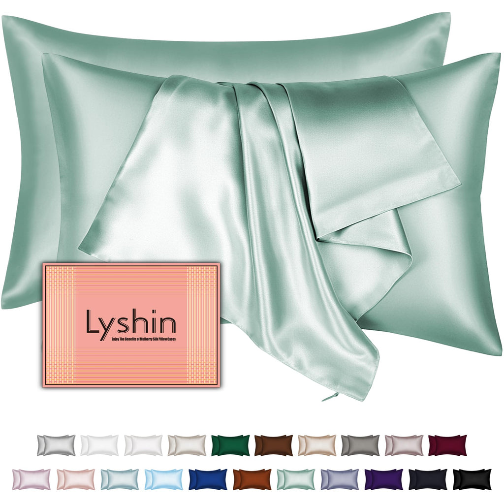 LYSHIN Silk Pillow Cases 2 Pack Queen Size with Zipper, Sage Green