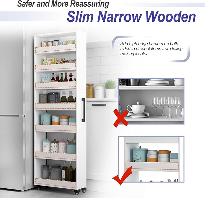 7-Tier Slim Storage Cart, Wooden Rolling Pantry Cabinet with Wheels, Narrow Shelf Organizer for Kitchen, Bakers Rack, Dining Room, Closet, Small Spaces Light Walnut 73.2‘’H*5.9''W*19.6''D