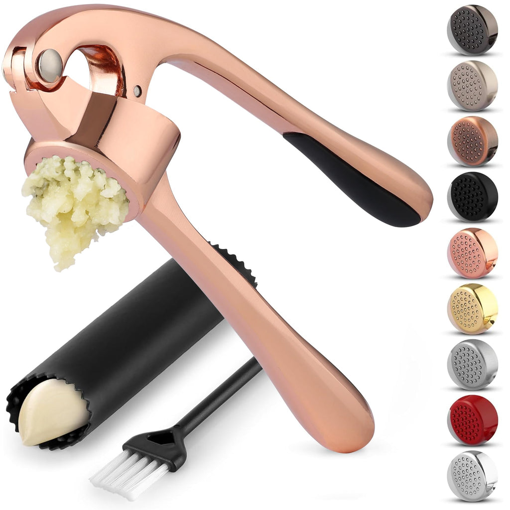 Zulay Kitchen Premium Garlic Press Set - Rust Proof Professional Garlic Mincer Tool - Easy-Squeeze, Easy-Clean with Soft Handle - Silicone Garlic Peeler & Brush (Rose Gold)