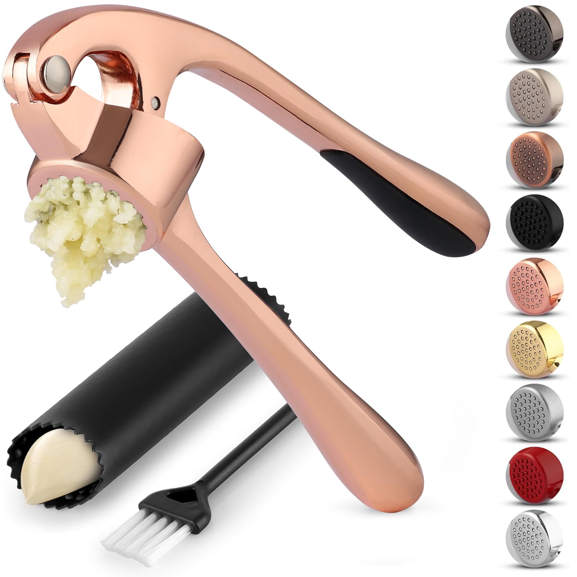 Zulay Kitchen Premium Garlic Press Set - Rust Proof Professional Garlic Mincer Tool - Easy-Squeeze, Easy-Clean with Soft Handle - Silicone Garlic Peeler & Brush (Rose Gold)