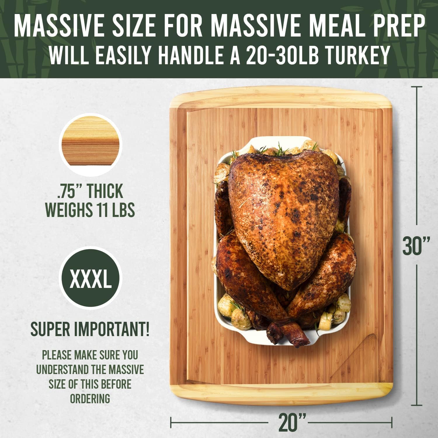 ENORMOUS 30 x 20 Organic Extra Large Cutting Board with Lifetime Replacements – Wood Bamboo Chopping Board - Wooden Butcher Block Cutting Board for Carving Turkey, Grilling Brisket and BBQ