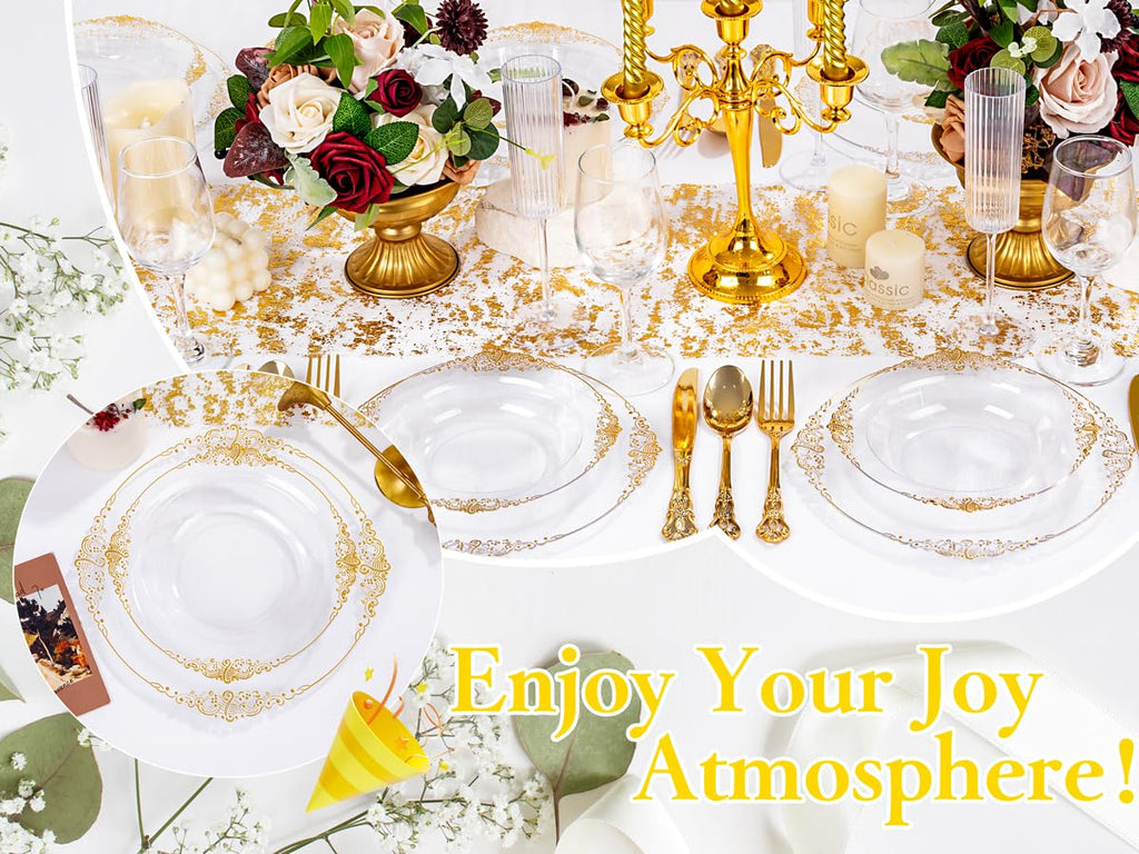 Joyido 100PCS Clear Gold Plastic Bowls - 12 oz Clear Disposable Salad Bowls - Heavy Duty Disposable Soup Bowl - Fancy Plastic Ice Cream Bowl for Weddings, Parties, Dinners, Picnics,