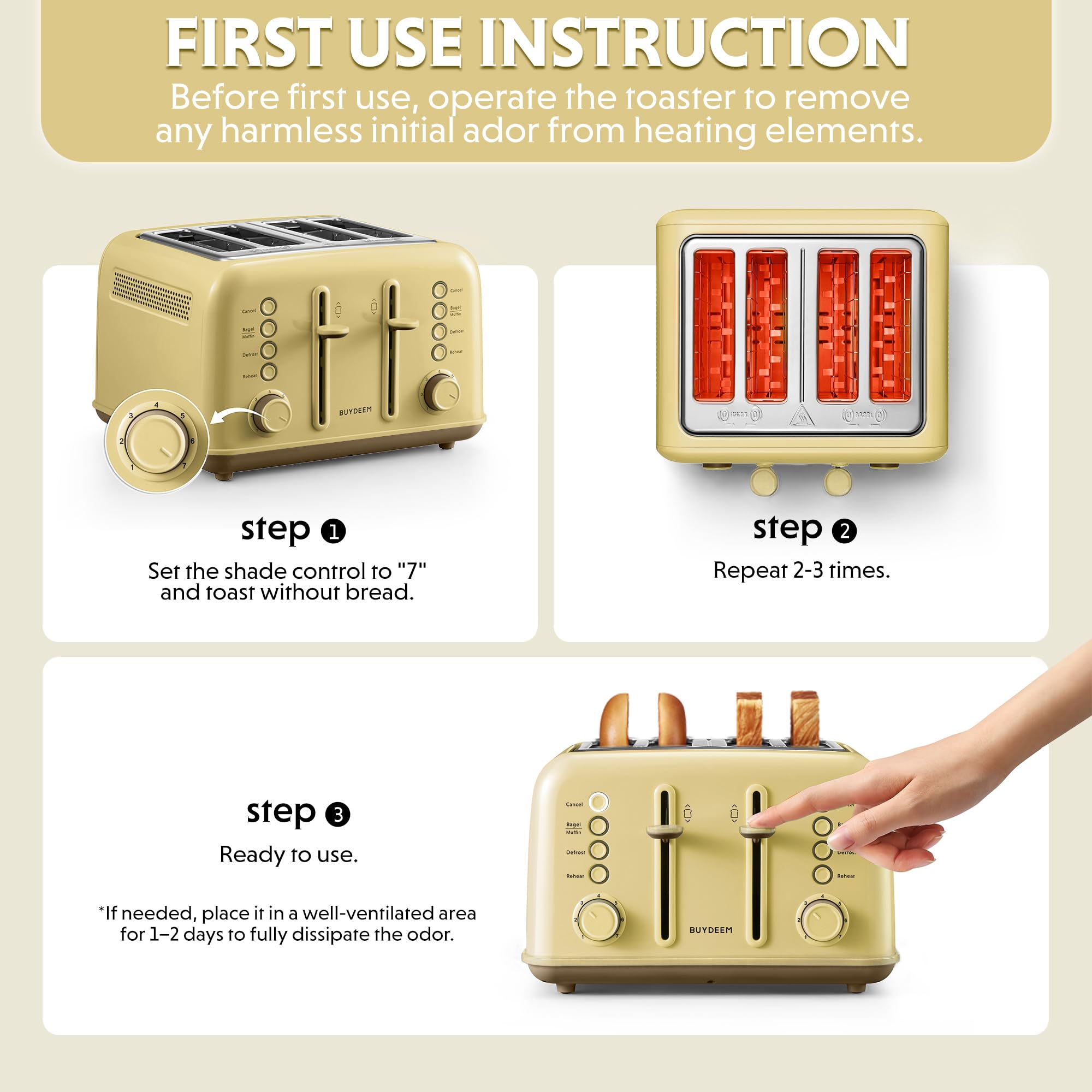 BUYDEEM DT640 4-Slice Toaster, 7 Shade Settings, Extra Wide 1.5’’ Slots for Bagel & English Muffin, 6 Toasting Functions, Retro Stainless Steel Toaster with High Lift Lever, 1800W, Yellow