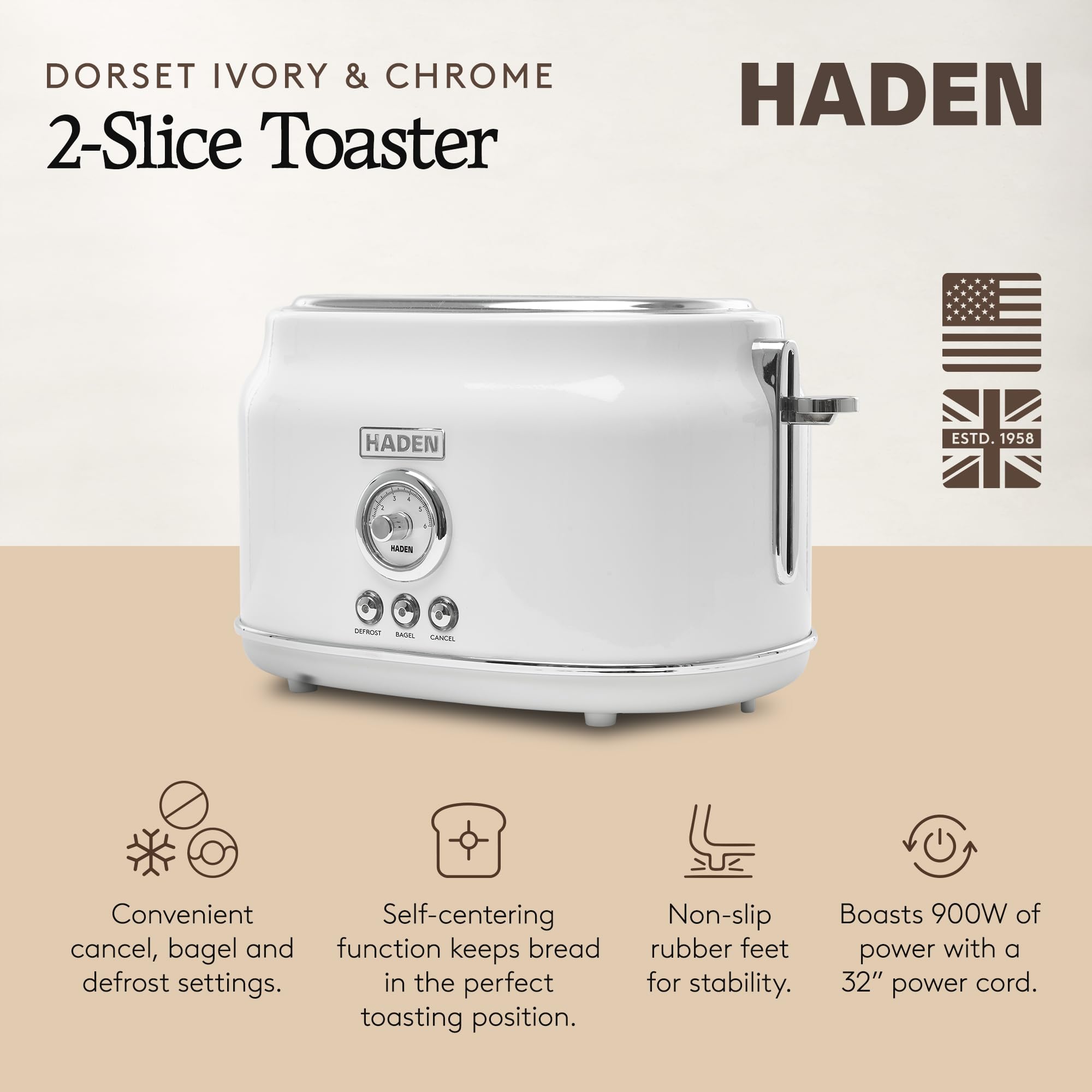 Haden Dorset 2 Slice Extra Wide Slot Toaster with Cool Touch Exterior, Removable Crumb Tray, and 6 Variable Browning Control, Ivory