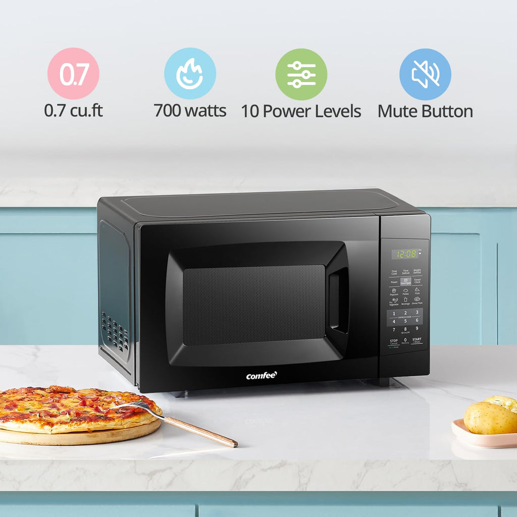COMFEE' Countertop Microwave Oven, 0.7 Cu.Ft, 700W, Black, ECO Mode