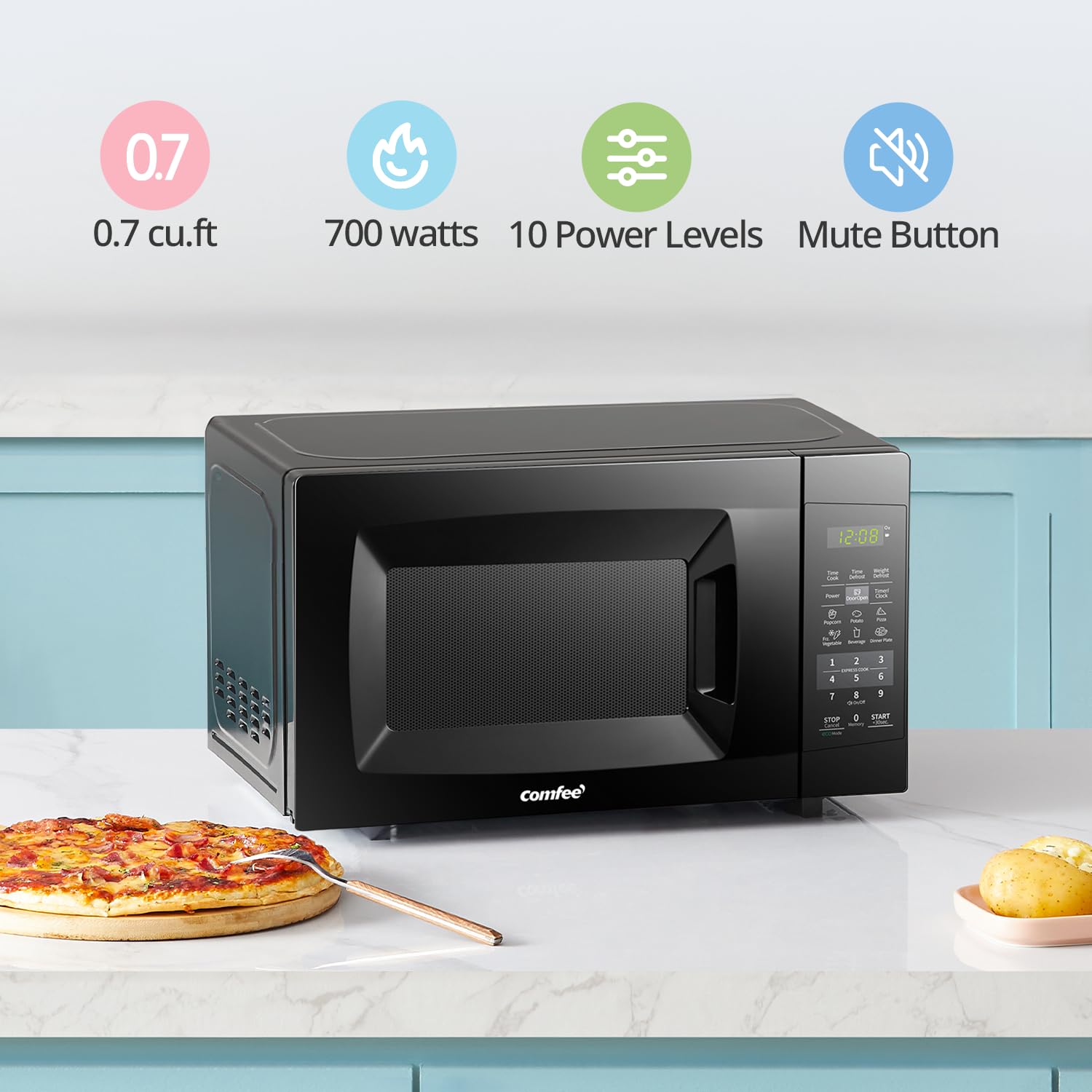 COMFEE' Countertop Microwave Oven, 0.7 Cu.Ft, 700W, Black, ECO Mode