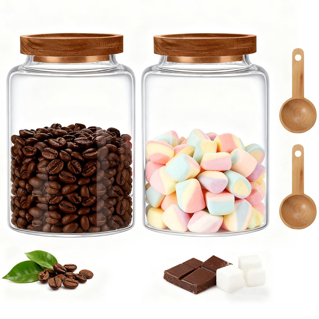 Glass Jar with Spoon Wooden Lid Clear Coffee Ground Containers Set Borosilicate Glass Kitchen Storage Canister for Sugar Espresso Spice Beans Nut Pasta Candy Tea (1200ml(40oz)-with spoon (2pack))