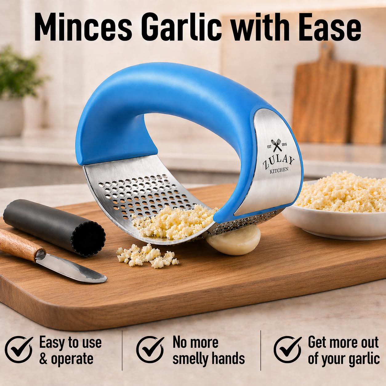 Zulay Kitchen Stainless Steel Garlic Press Rocker Set - Premium Garlic Mincer Garlic Crusher - New Innovative Garlic Crusher with Peeler and Scraper - Comfortable Grip (Blue)
