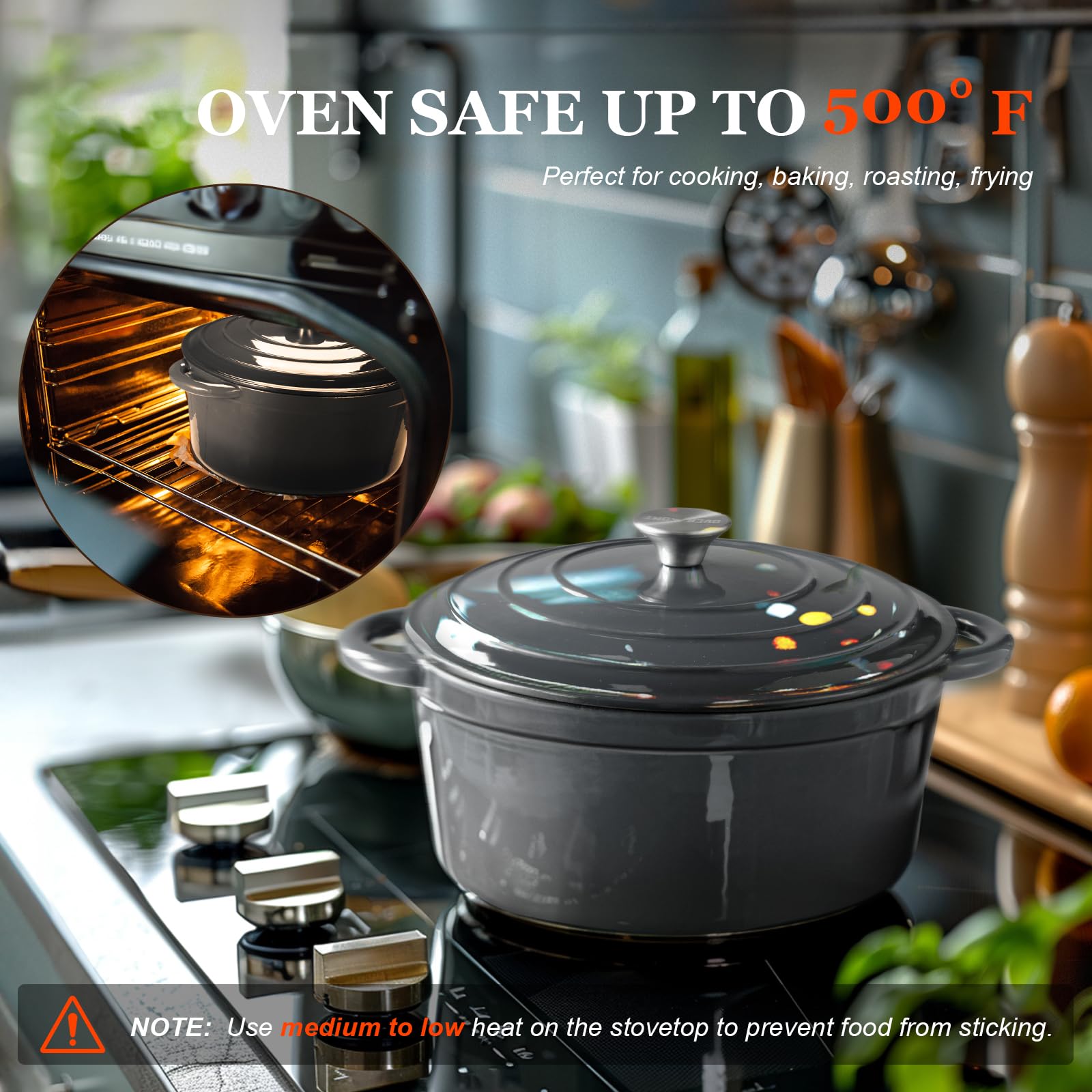 Overmont Enameled Cast Iron Dutch Oven - 7QT Pot with Lid Cookbook & Cotton Potholders - Heavy-Duty Cookware for Braising, Stews, Roasting, Sourdough Baking grey