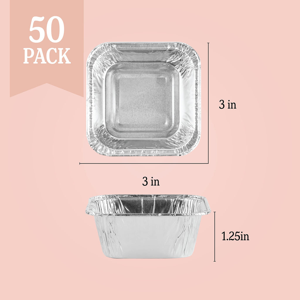 PLASTICPRO Disposable 3'' X 3 X 2'' Inch Square Aluminum Tin Foil Baking Pans Bakeware - Cookware Perfect for Baking Cakes,Brownies,Bread, Meatloaf, Lasagna, Pack of 50