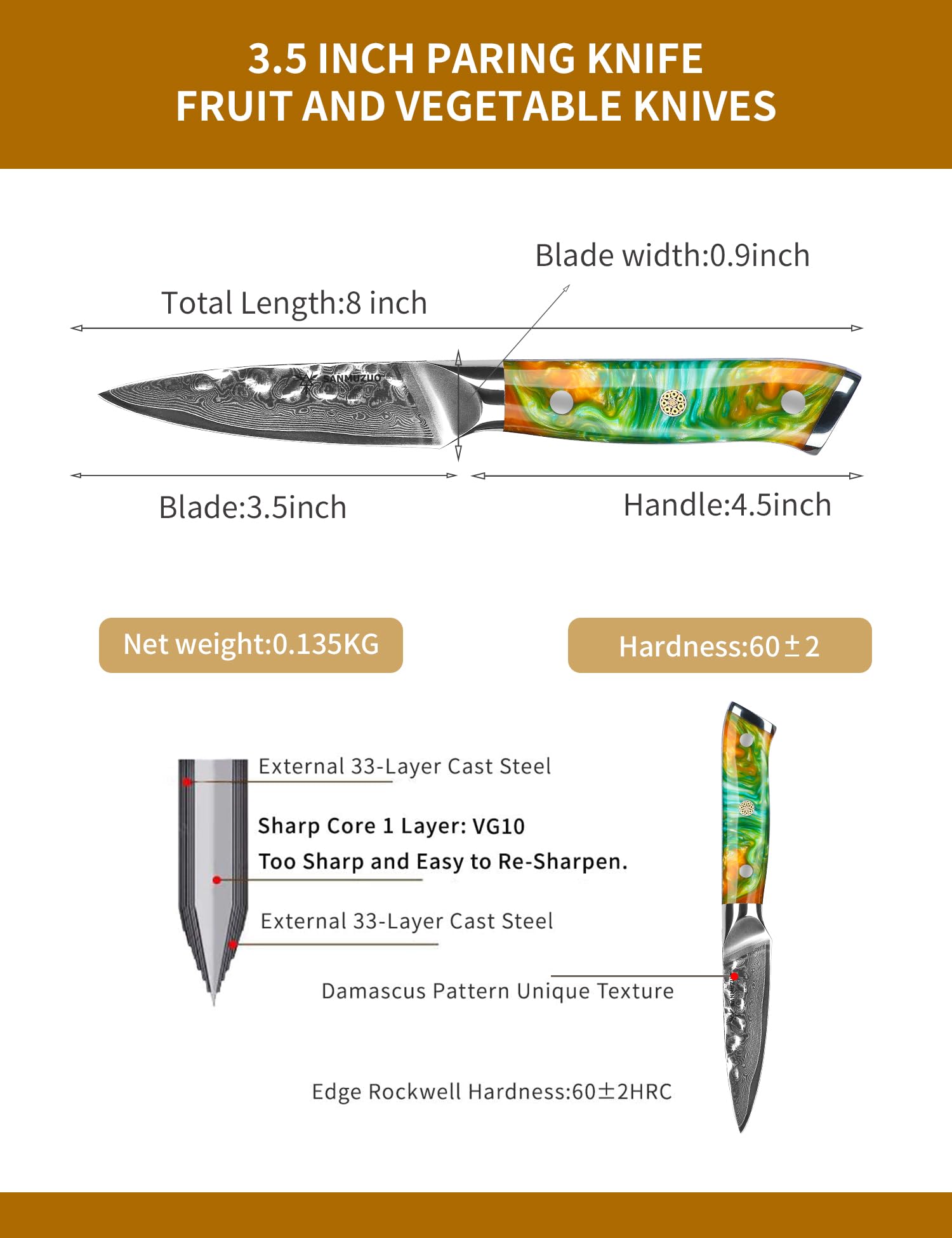 SANMUZUO 3.5 Inch Paring Knife - Fruit and Vegetable Peeling Knives, Forged Damascus Steel & Resin Handle - YAO Series