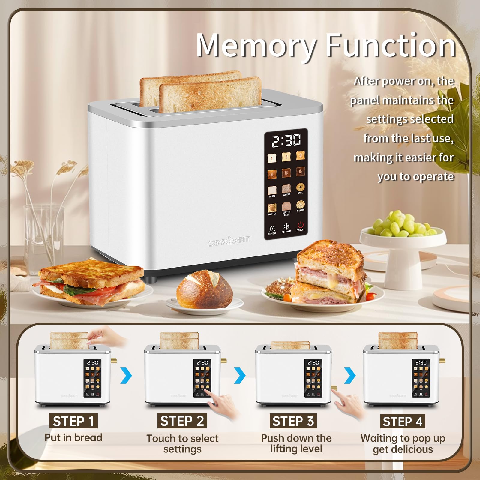 SEEDEEM Touchscreen Toaster 2 Slice, Stainless Steel, 6 Shade, 900W, White
