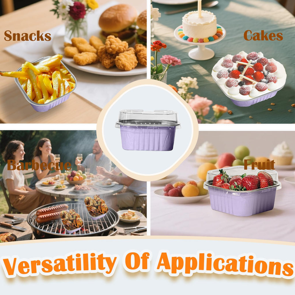 50 Pcs Mini Square Baking Cups with Lids,10oz Aluminum Foil Mini Cake Pans with Lids,Disposable Ramekins Cake Pans,300ml Dessert Cups Cupcake Pans for Wedding Birthday Party,Purple