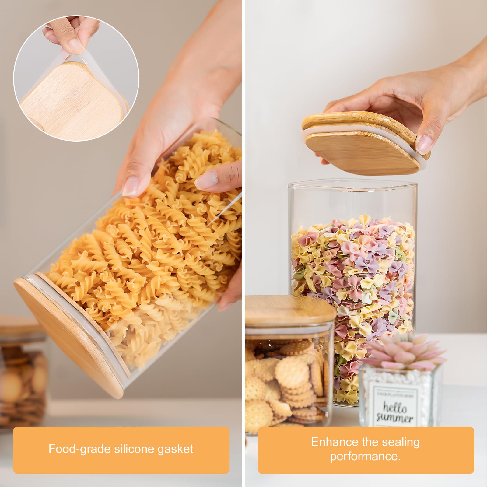 Glass Storage Jars 6 Pack -50oz (10cmx20cm)Clear Glass Food Storage Containers with Airtight Bamboo Lid Stackable Kitchen Canisters for Candy,Cookie,Rice,Sugar,Flour,Pasta,Nuts and Spice Jars(Square)