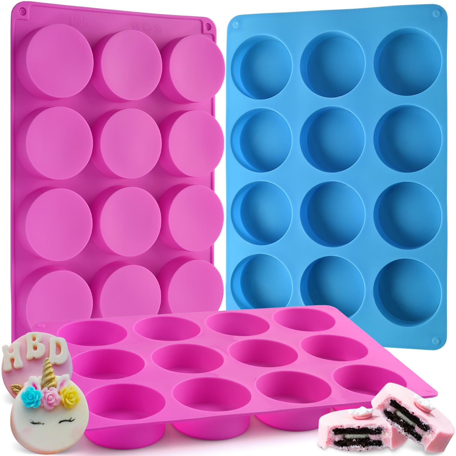 Sakolla 3 Pcs Round Chocolate Cookie Molds, 12-Cavity Cylinder Silicone Molds for Chocolate, Cake, Candy, Pudding, Mini Soap (2 Rose Red+1 Blue)