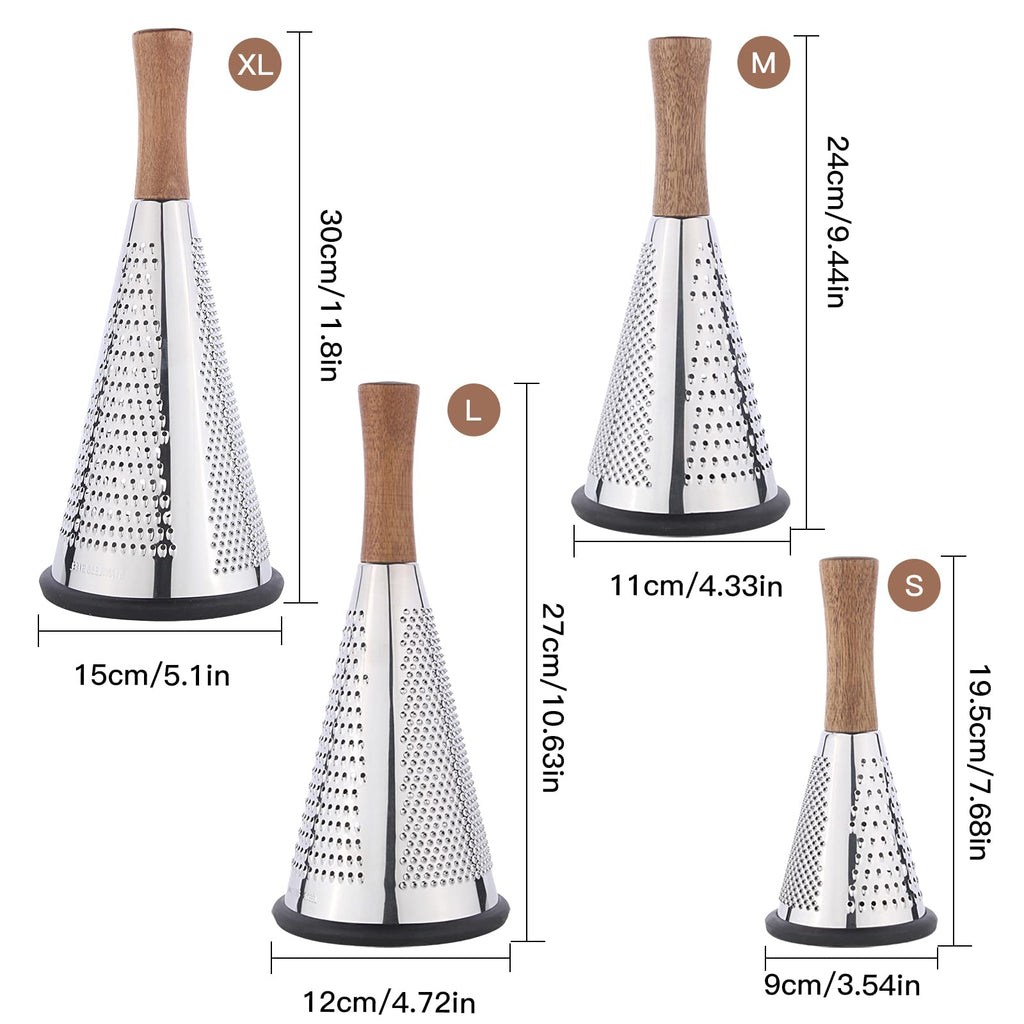 Cone Cheese Grater with Handle Stainless Steel Triple Function Wood Handle Parmesan Shaver Non-Slip Rubber Bottom Hand Held Multifunction Vegetables Cheese Grater with container (L: 10.6" X 4.7")