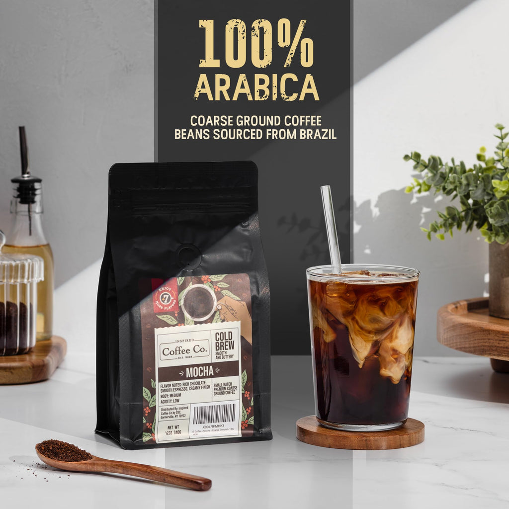 Inspired Coffee Co Cold Brew Coffee - Mocha Flavored - Coarse Ground Beans For Perfect Medium Roast Low Acid Smooth Taste - 100% Arabica Grounds 12 oz. Resealable Bag