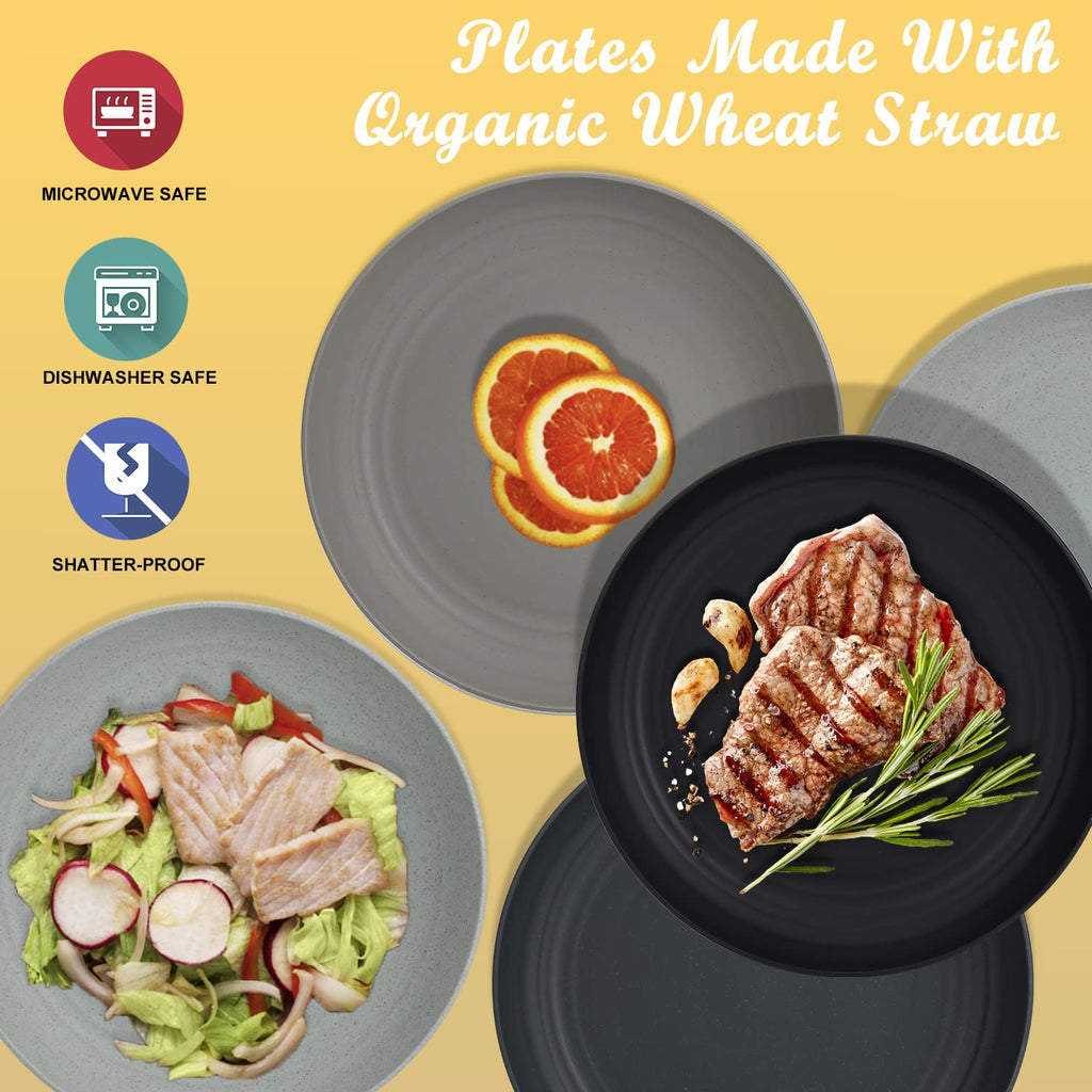 Wrova Wheat Straw Dinner Plates - 9 Inch Unbreakable Set of 8 - Dishwasher & Microwave Safe Reusable Plates - Lightweight for Kitchen & Camping (Classic Series)