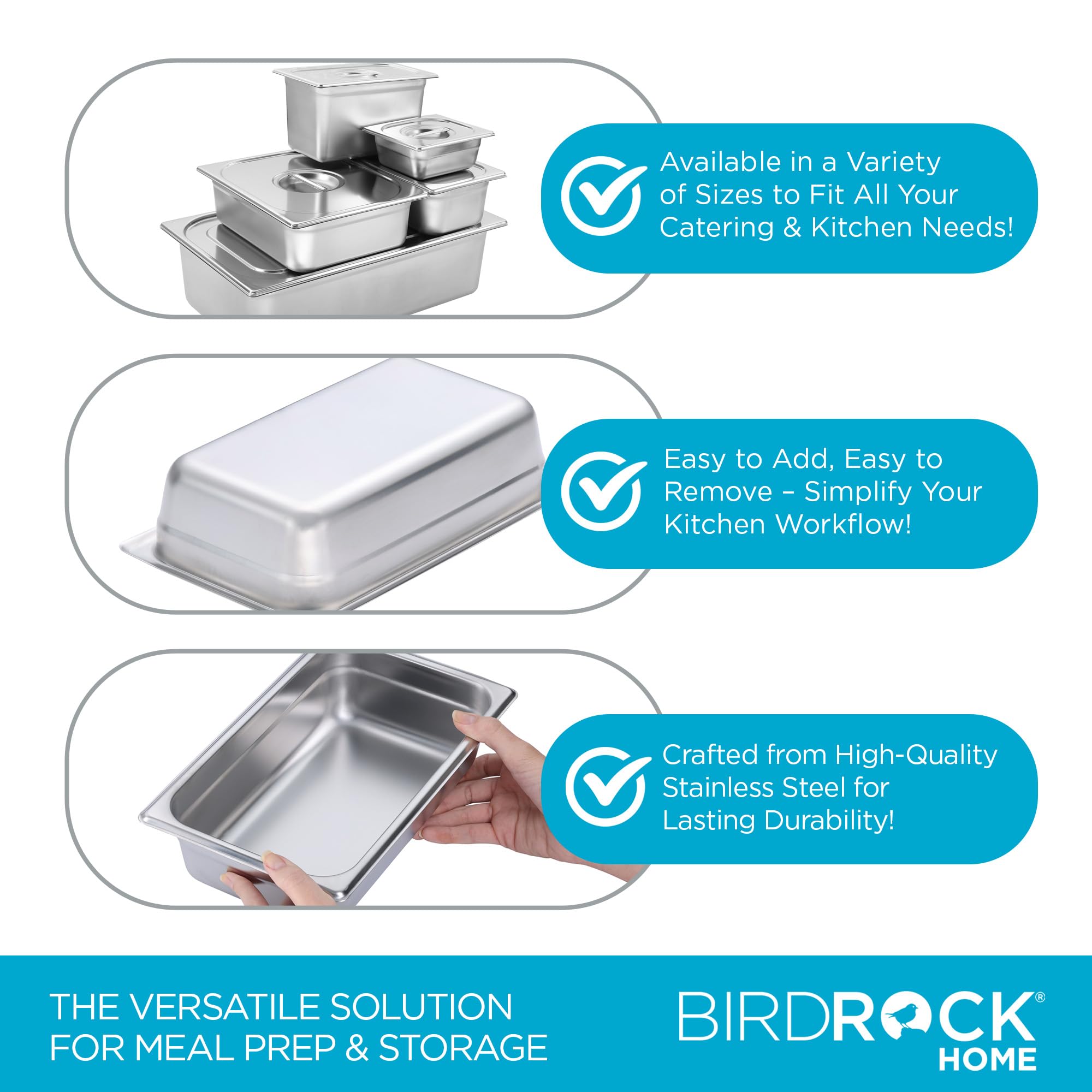 BIRDROCK HOME Stainless Steel Steam Table Pan - Hotel, Restaurant & Catering Supplies - 24 Gauge Steel, 2 qt Capacity - Meal Prep, Cooking, & Food Storage Container - 2.5" Depth, 1/4-Size (6 Pack)